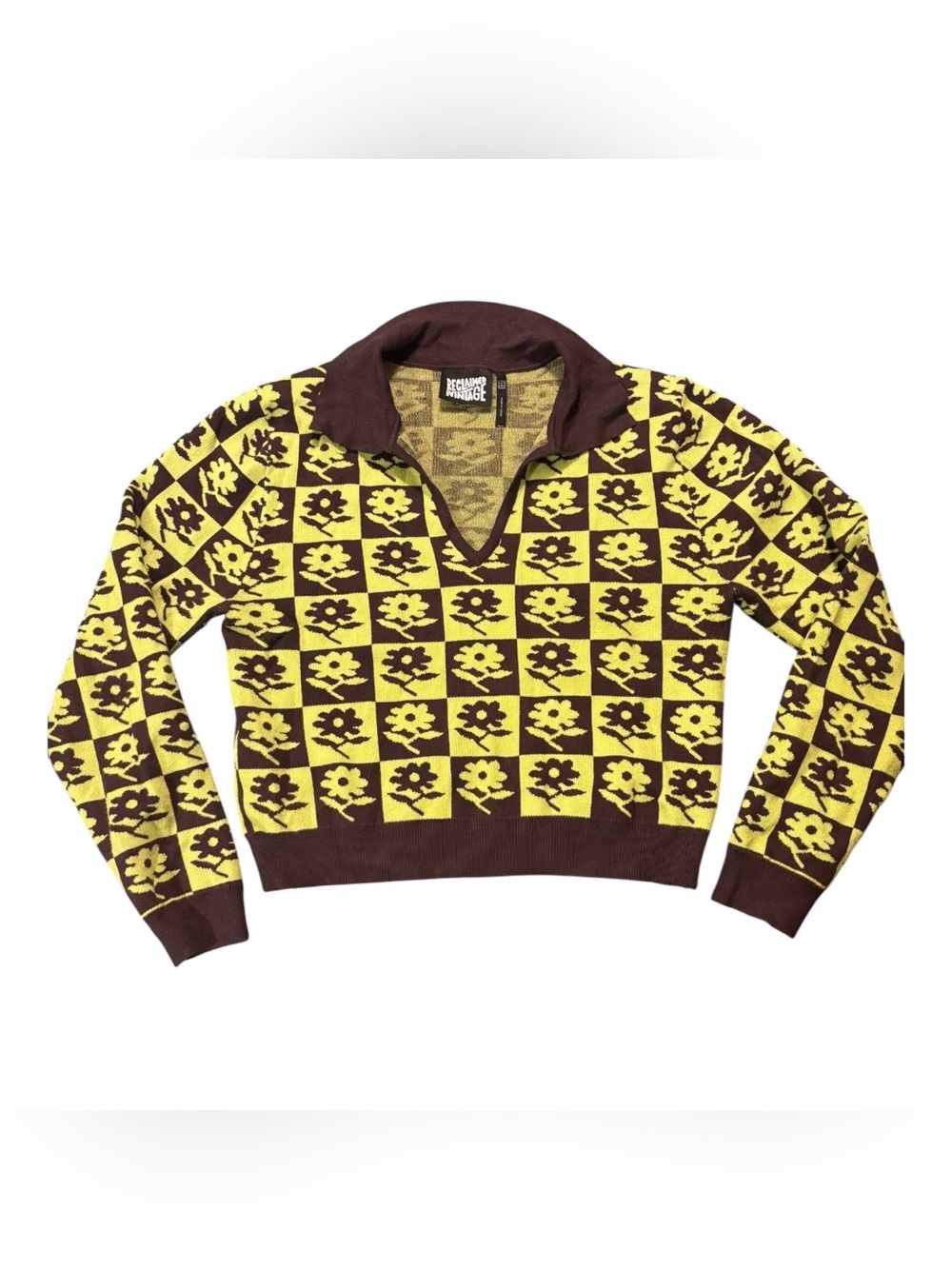 Reclaimed Vintage Checker Floral V-Neck Polo Sweater - Green & Brown